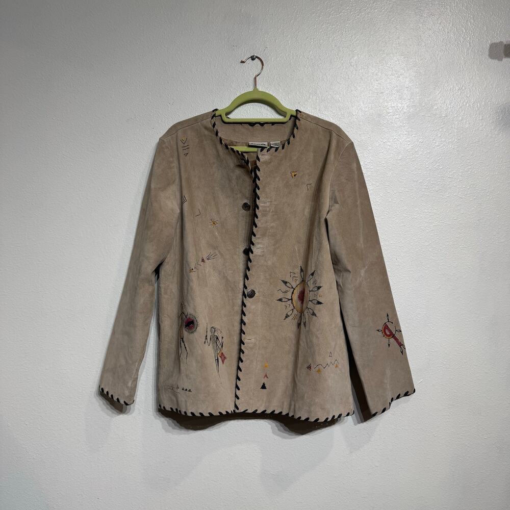Chico's Tan Genuine Suede Leather Vintage Native Tribal Jacket Sz 2 - Picture 2 of 15